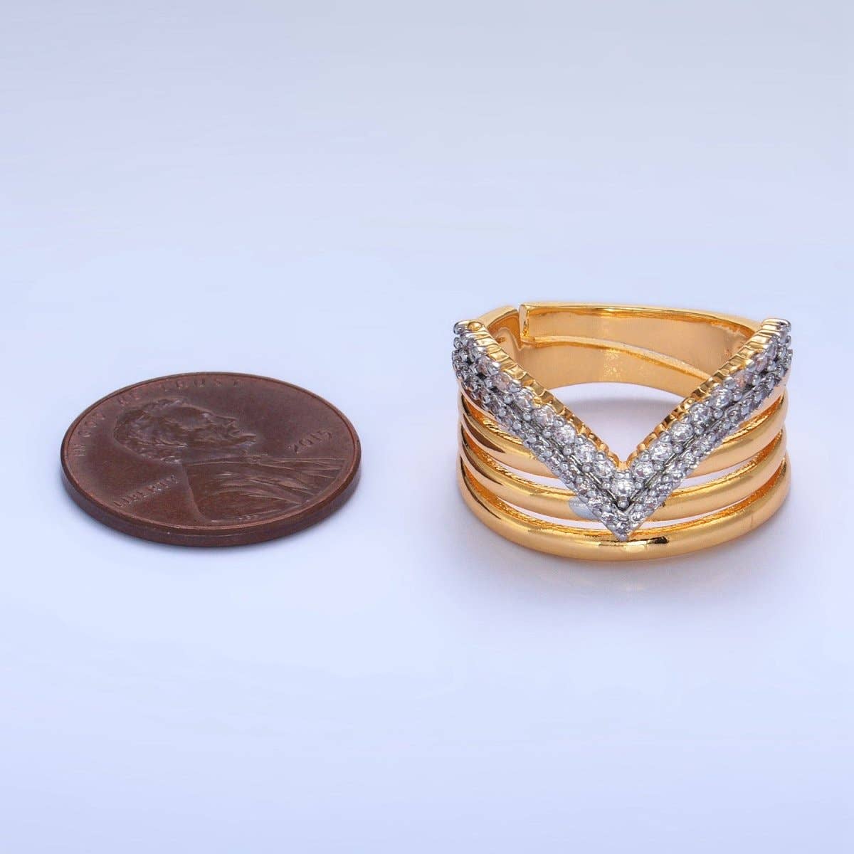 Aim Eternal - Wholesale Multi-Stone Ring - SJ | 24K Gold Filled Mixed Metal Micro Paved CZ Chevron Multiple Band Ring | U3883