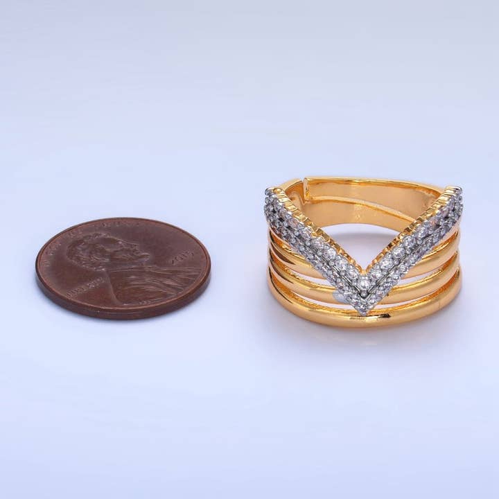 Aim Eternal - Wholesale Multi-Stone Ring - SJ | 24K Gold Filled Mixed Metal Micro Paved CZ Chevron Multiple Band Ring | U3883