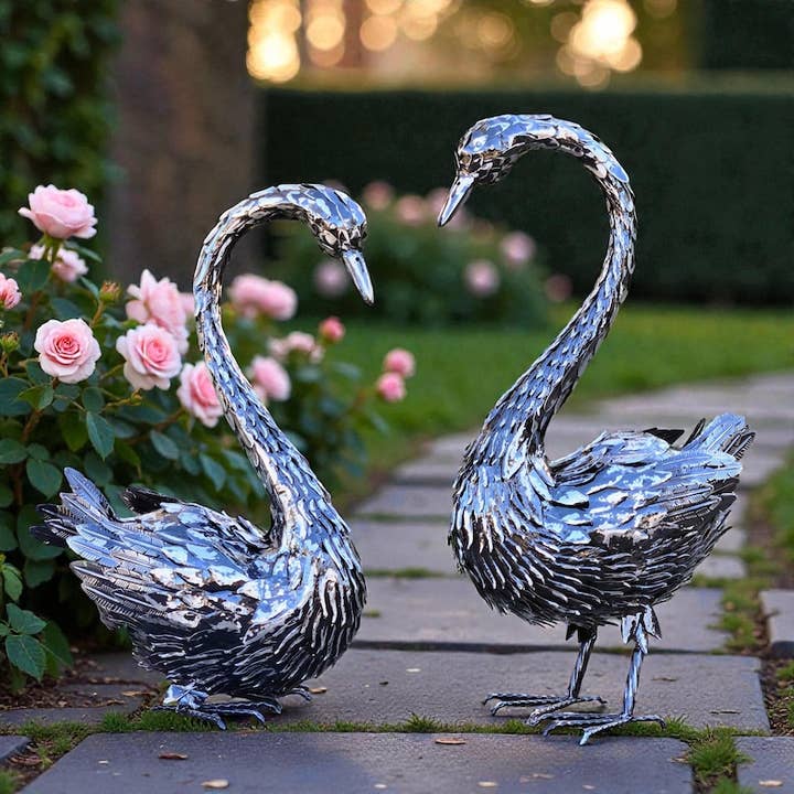 Vintage Black Metal Swan Garden Statues – Heart Shaped for wholesale by Artisan Metal Art INC