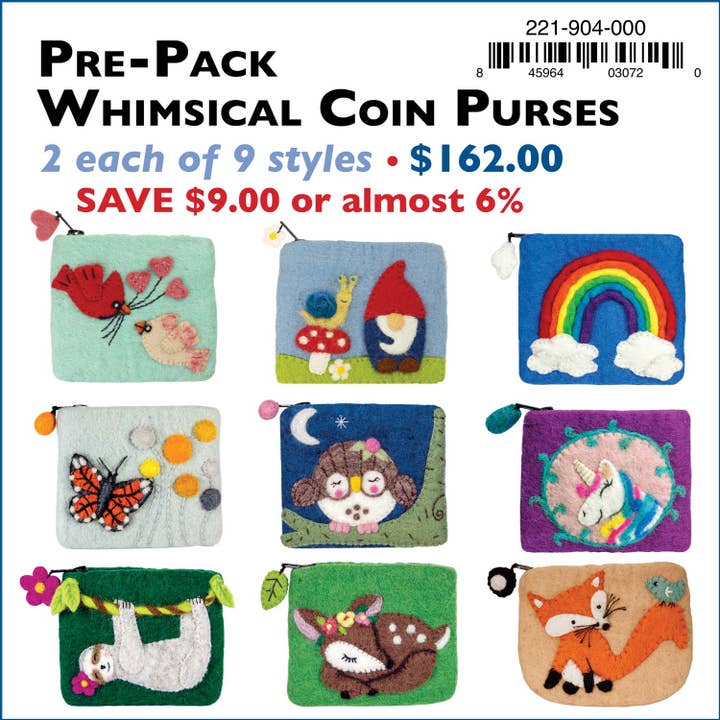 Whimsical Coin Purses Pre-Pack (2 ea of 9 styles) for wholesale by dZi Handmade