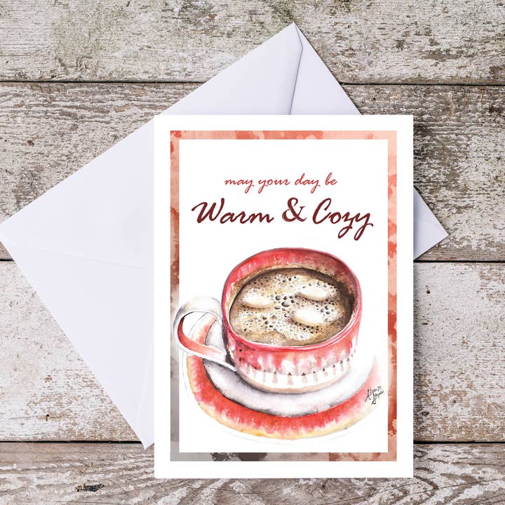 Rød Kaffekrus eller Hot Cocoa Winter Card: „Varm & Cozy“ for engroshandel hos Art Reflects Light