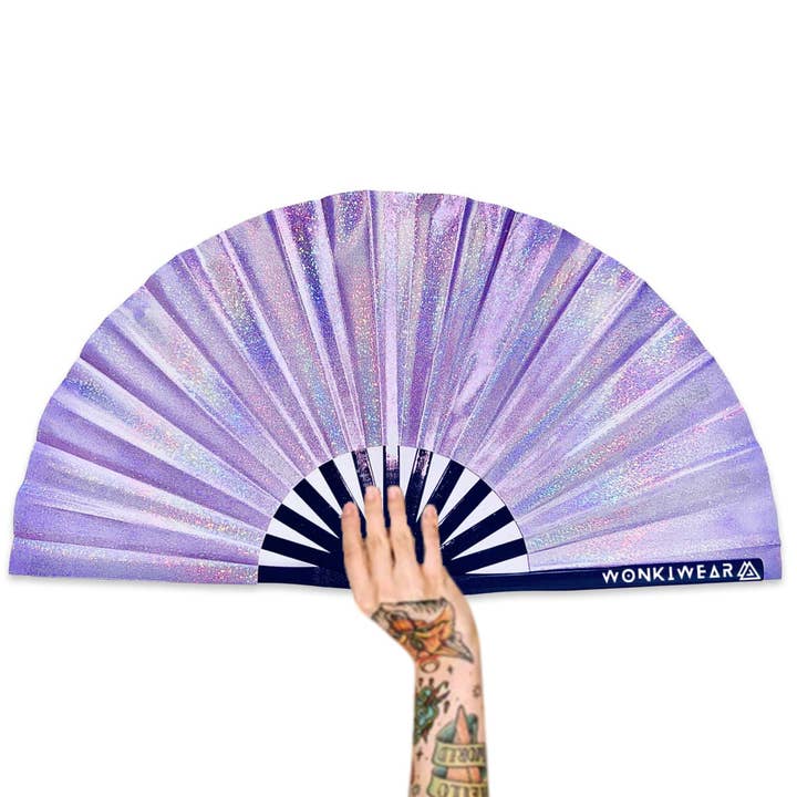 XL Foldable Hand Fan - Galaxy Range, Luna Holographic Metallic Lilac Purple for wholesale by Wonkiwear Ltd