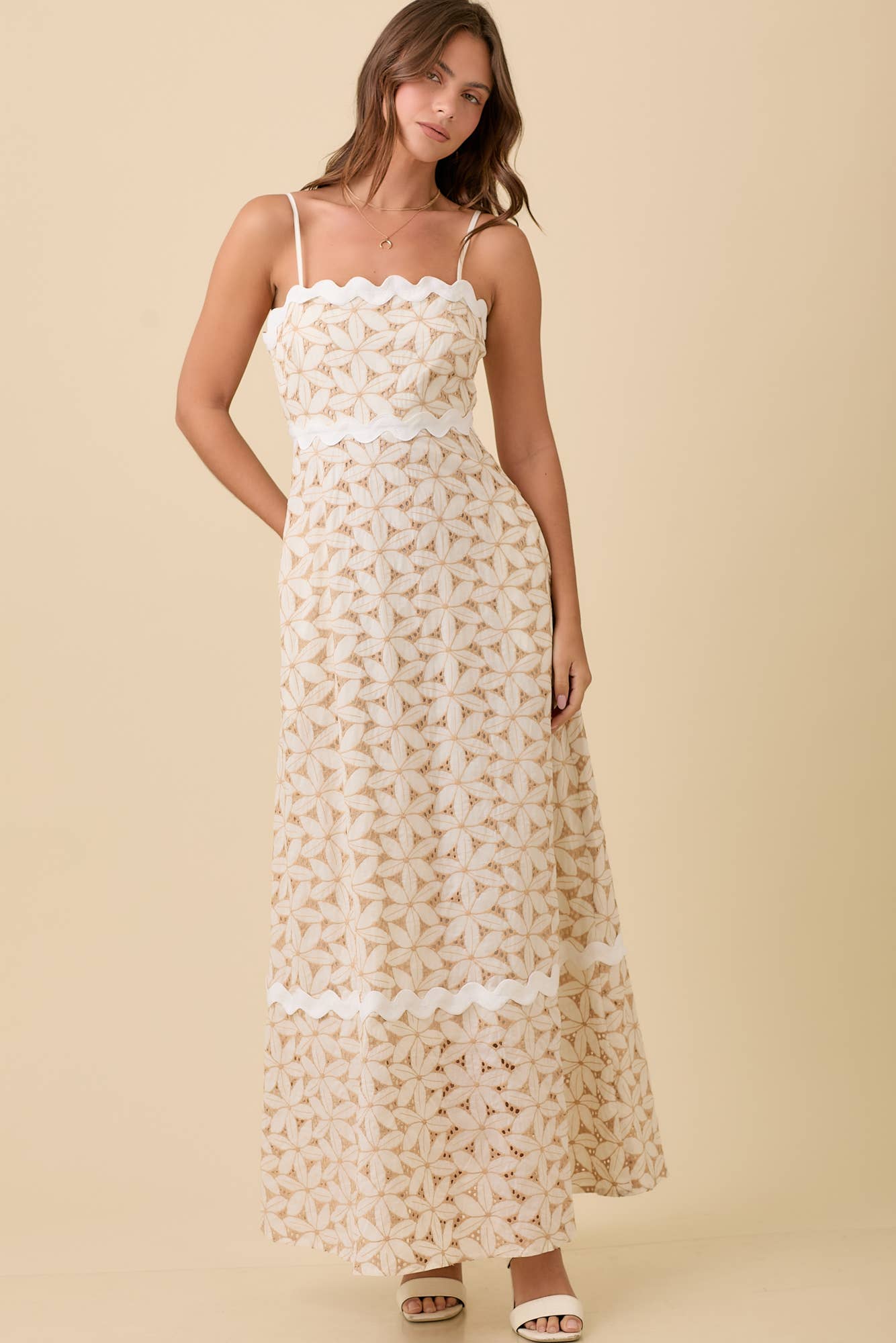 TAUPE Floral Eyelet Maxi Dress With Contrasting Ric Rac for wholesale on Faire5