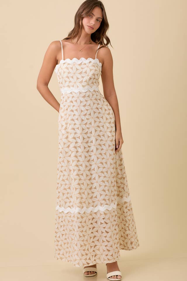 TAUPE Floral Eyelet Maxi Dress With Contrasting Ric Rac for wholesale on Faire5
