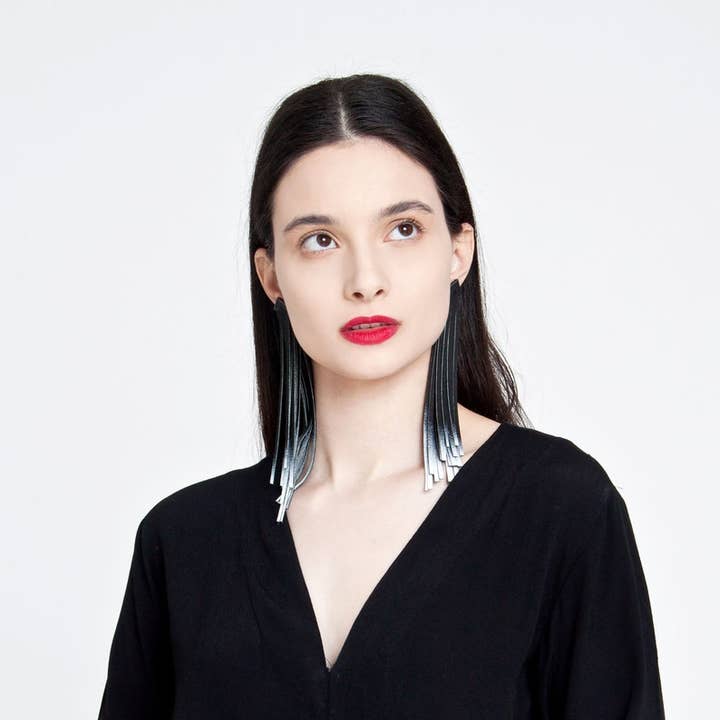 'MARA' Leather Tassel Earring / Long Fringe Black and White for wholesale by MIMIKRI Design