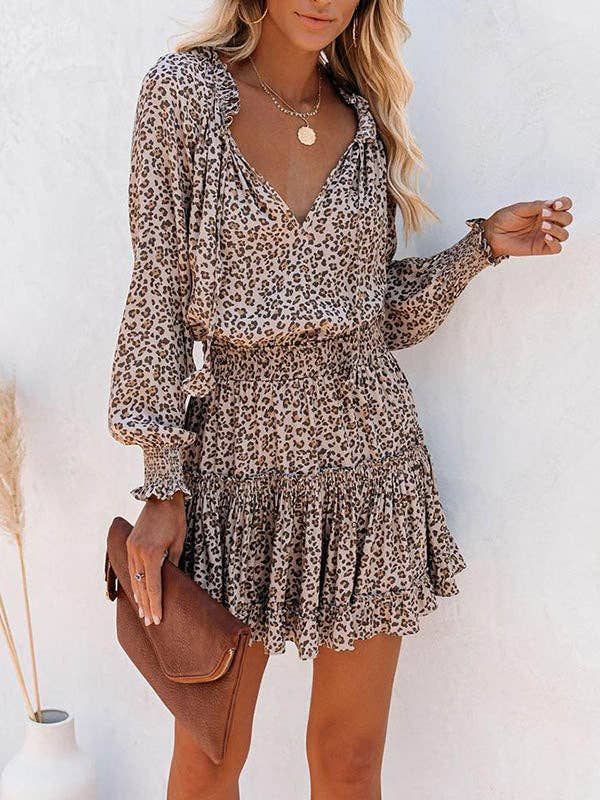 A-Line Long Sleeves Contrast Color Leopard Pleated Split-Joint Tied V-Neck Mini Dresses for wholesale on Faire