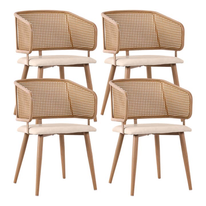 Set of 4 modern beige PU dining chairs with rattan backrest REELING for wholesale by Urban Meuble UK