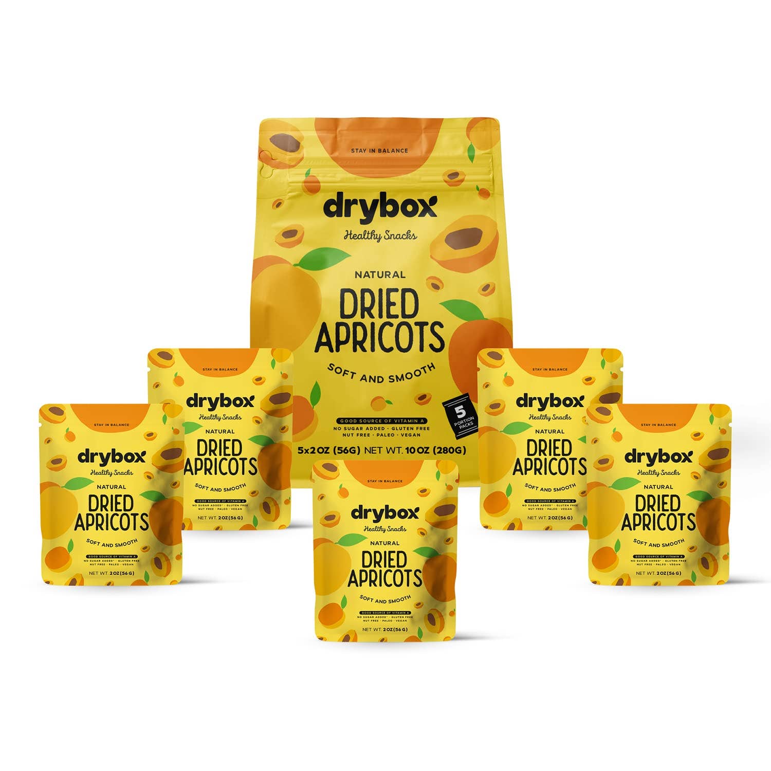 DRYBOX – Großhandel Getrocknete/dehydrierte Früchte – Drybox Getrocknete türkische Aprikosen, 2 Unzen, Portionspackungen, 5 Packungen/Beutel1