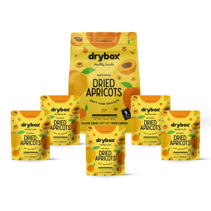 DRYBOX – Großhandel Getrocknete/dehydrierte Früchte – Drybox Getrocknete türkische Aprikosen, 2 Unzen, Portionspackungen, 5 Packungen/Beutel1