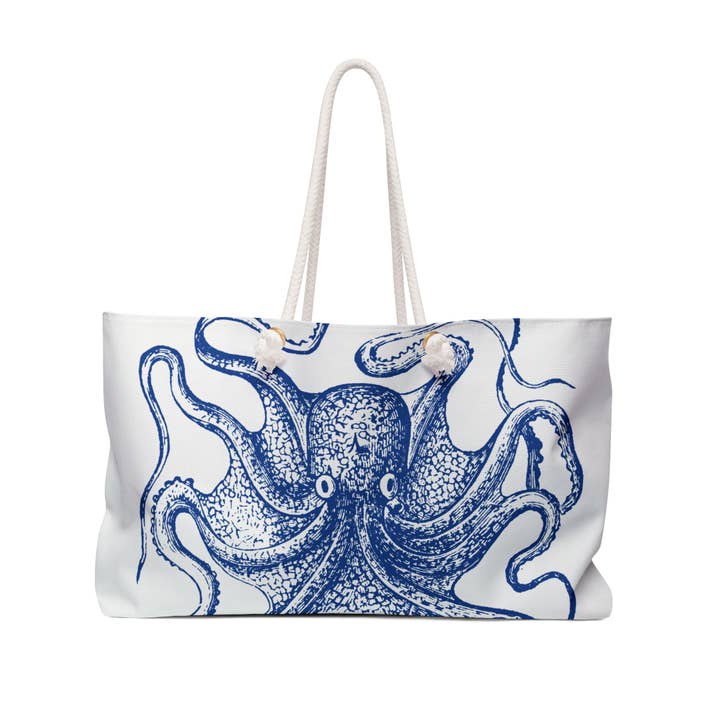 Blue Octopus Beach tote bag. Rope handle Weekender for wholesale by Lyn Roma