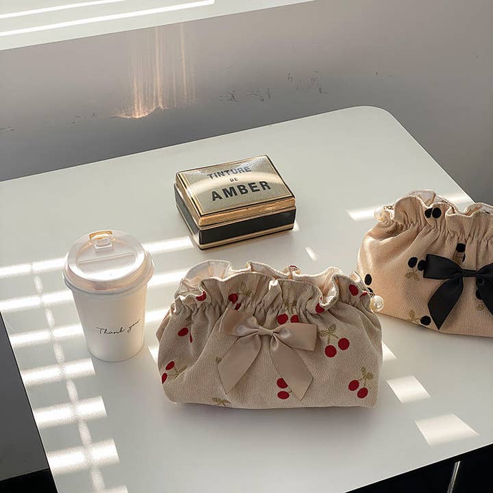 Dipped Shop - Wholesale Makeup/Cosmetic Bag - Corduroy Cherry Bow Cosmetic Bag DPCB49