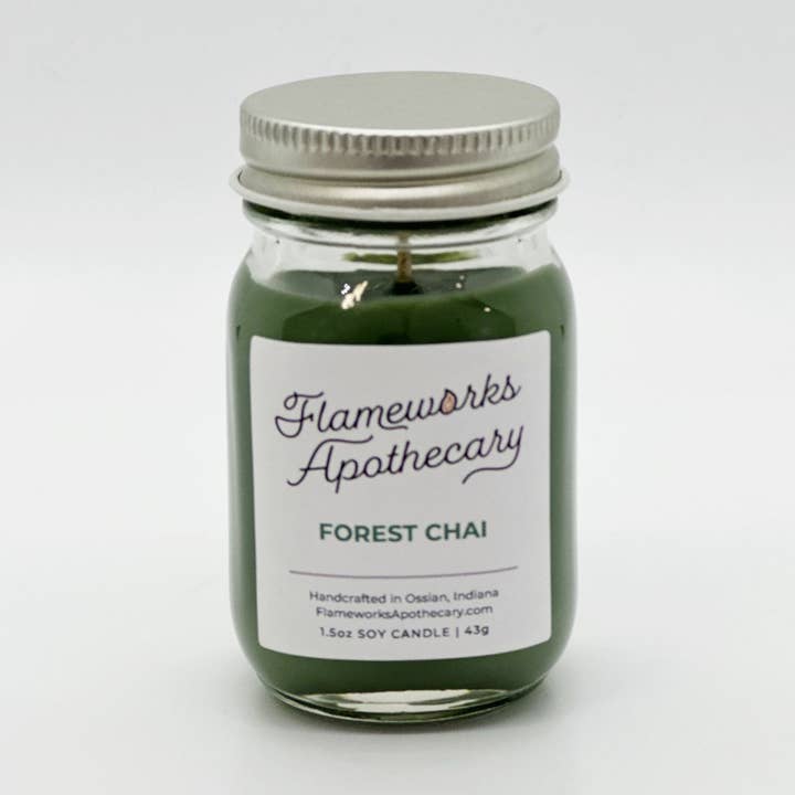 Forest Chai 1.5 oz Mini Mason Jar Candle for wholesale by Flameworks Apothecary