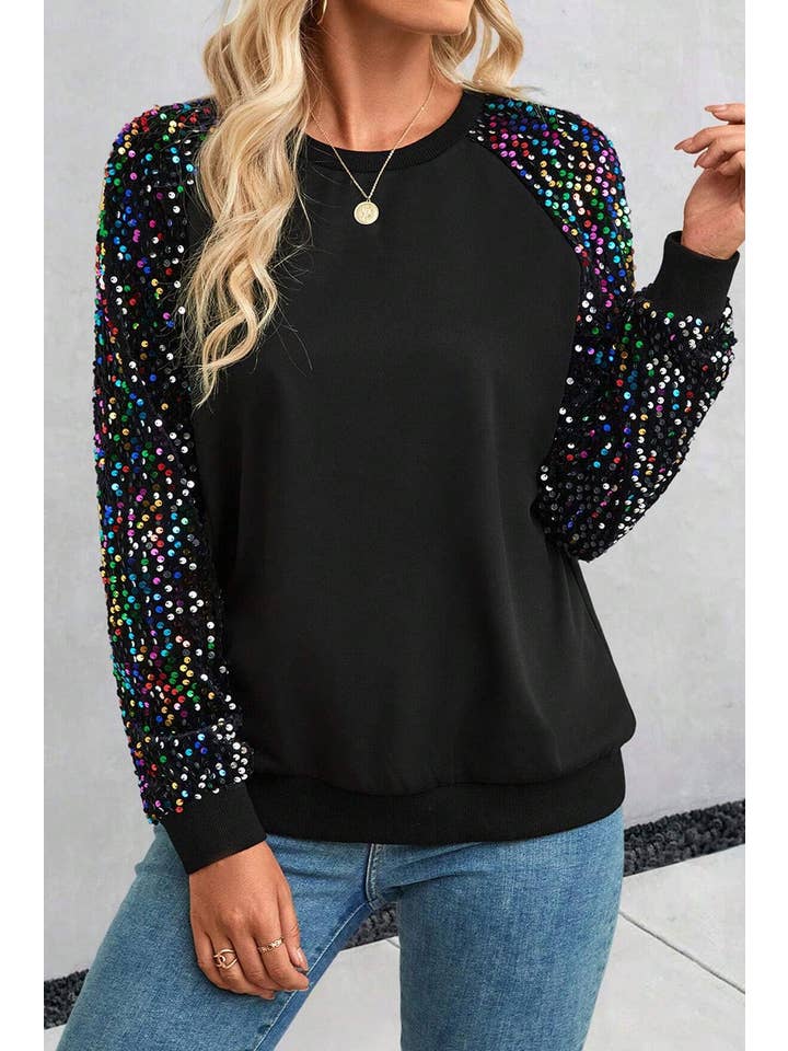 Black Sequin Raglan Sleeve Crewneck Sweatshirt for wholesale on Faire