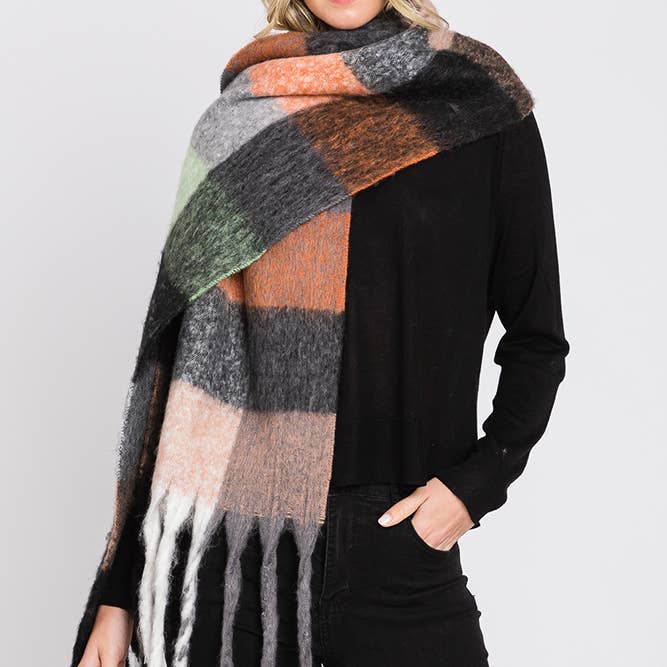 Hana - Wholesale Scarf - Women's - Brushed Multi Color Plaid Fringe Winter Scarf
