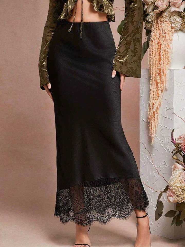 BLACK Elegant Lace Trim Skirt for wholesale on Faire