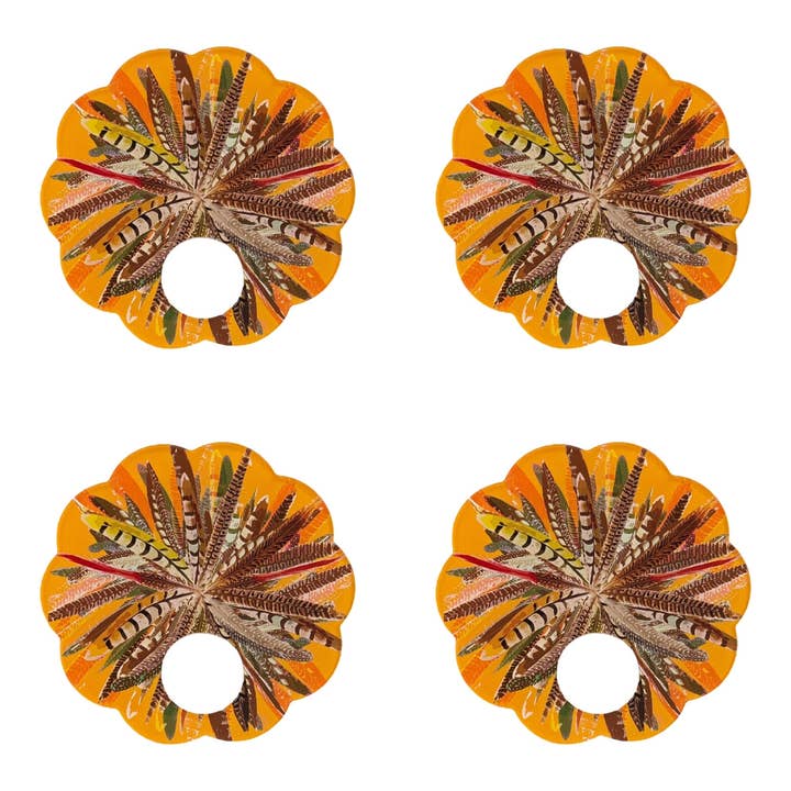 Nicolette Mayer Collection - Wholesale Napkin Ring - Pheasant Feathers Butternut Acrylic Scallop Napkin Ring - Set of 41
