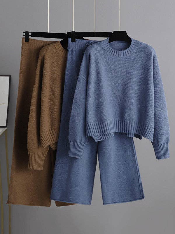 Plush Looks - Wholesale Top & Pant Set (NOT Loungewear) - Women's - Stylish Loose High-Low Long Sleeve Sweater + Wide Leg Pants4