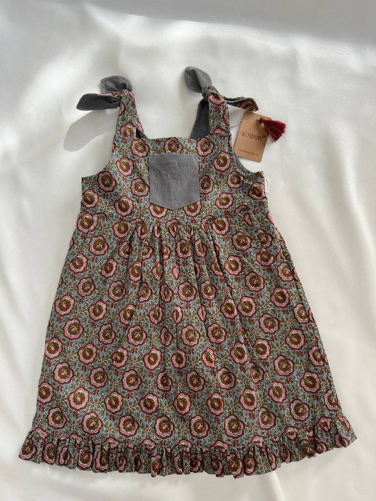 Yo Baby - Wholesale Dress - Kids - Reversible Solid Grey Corduroy & Grey Floral Printed Ruffle Dress17