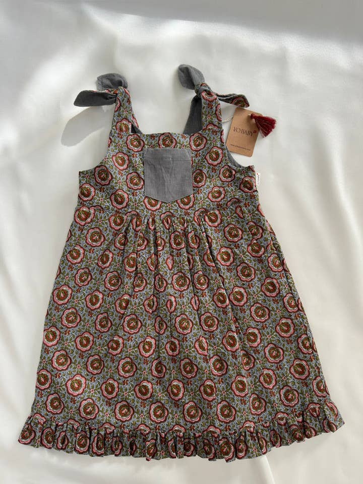 Yo Baby - Wholesale Dress - Kids - Reversible Solid Grey Corduroy & Grey Floral Printed Ruffle Dress17