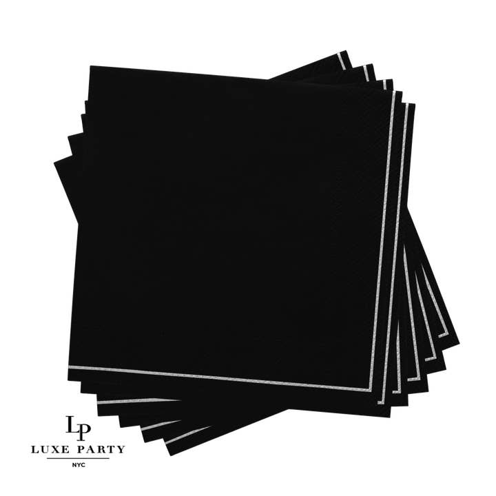 Luxe Party - Wholesale Disposable Napkin - Black with Silver Stripe Cocktail Paper Napkins | 20 Napkins