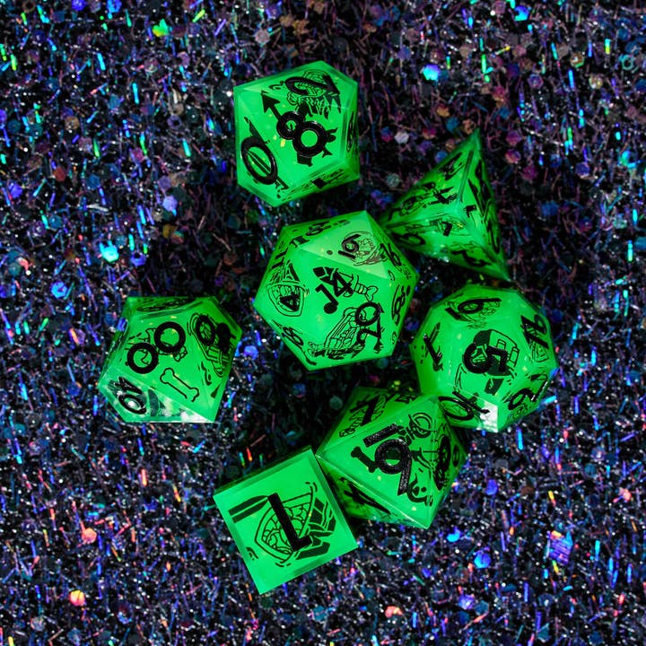 Dispel Dice - Wholesale Dice - Death By Ooze 7-Piece Iconic Glow in the Dark Dice Set6