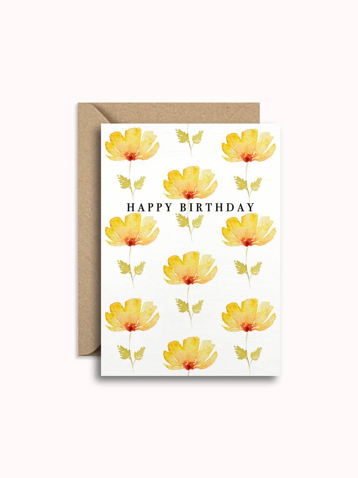 Floral Birthday Card – Yellow Watercolour Flowers for wholesale by Sarah Kate Creative