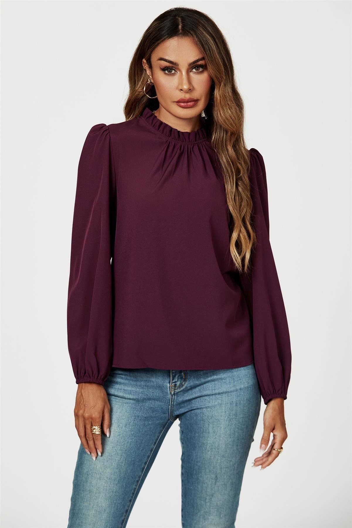 Frill Detail High Neck Top In Plum for wholesale on Faire2