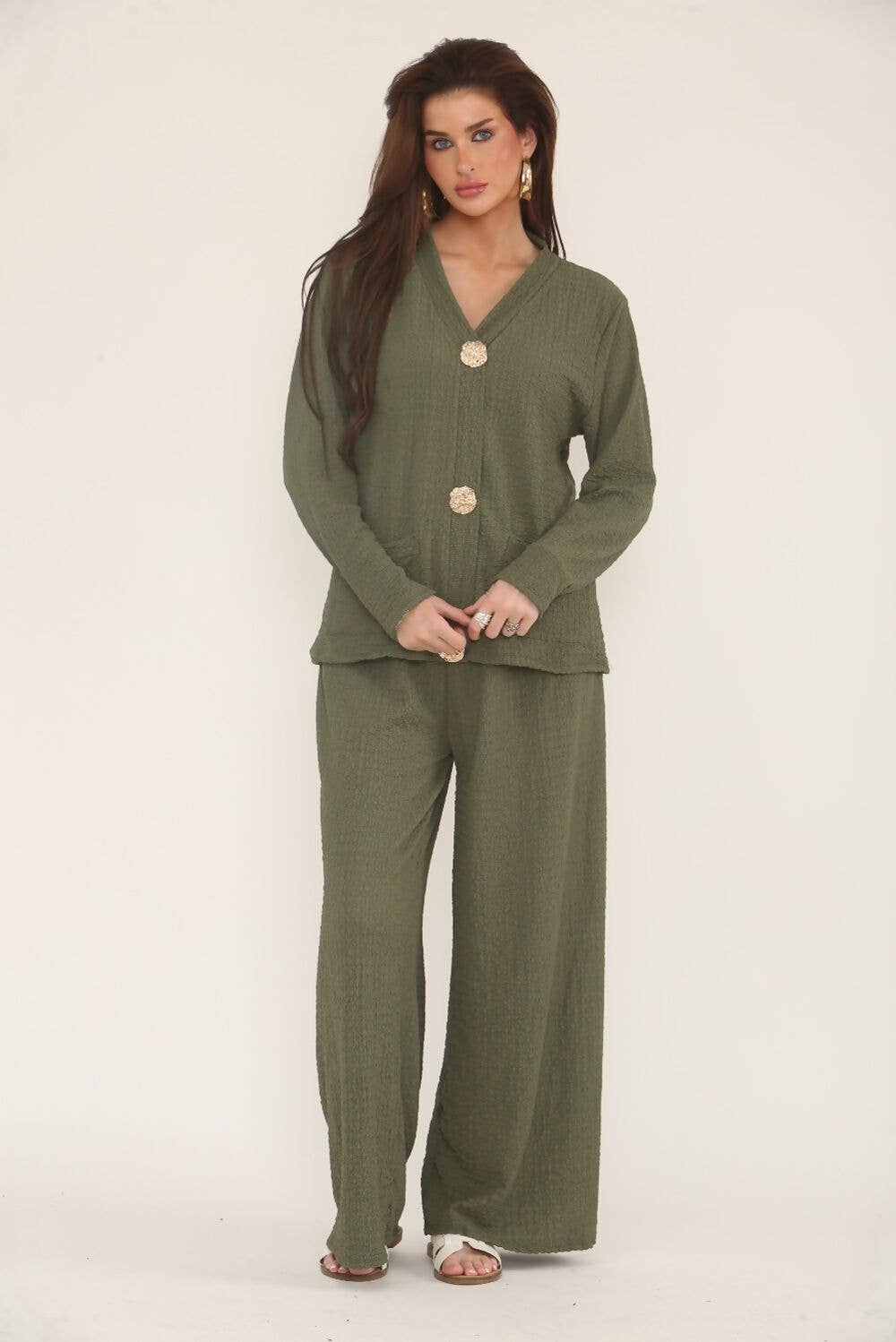 J5FASHION – wholesale Top & pants set (NOT Loungewear) – Women's – CHEESECLOTH LONG SLEEVE GOLD BUTTONED TOP - TROUSERS CO-ORD3