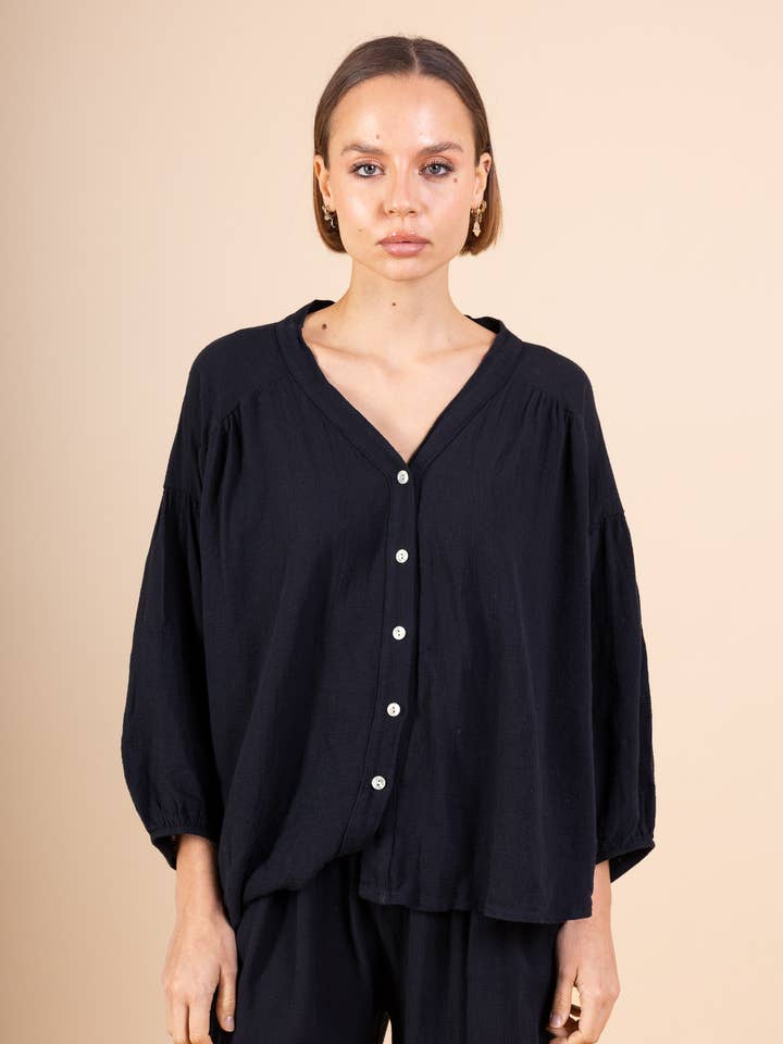 Linen cotton top with elasticated sleeves 15809 for wholesale by Shyloh