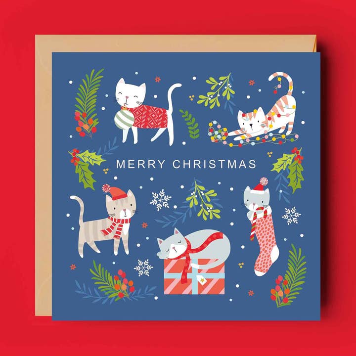 Festive Cats | Fun Christmas Card for wholesale by Klara Hawkins