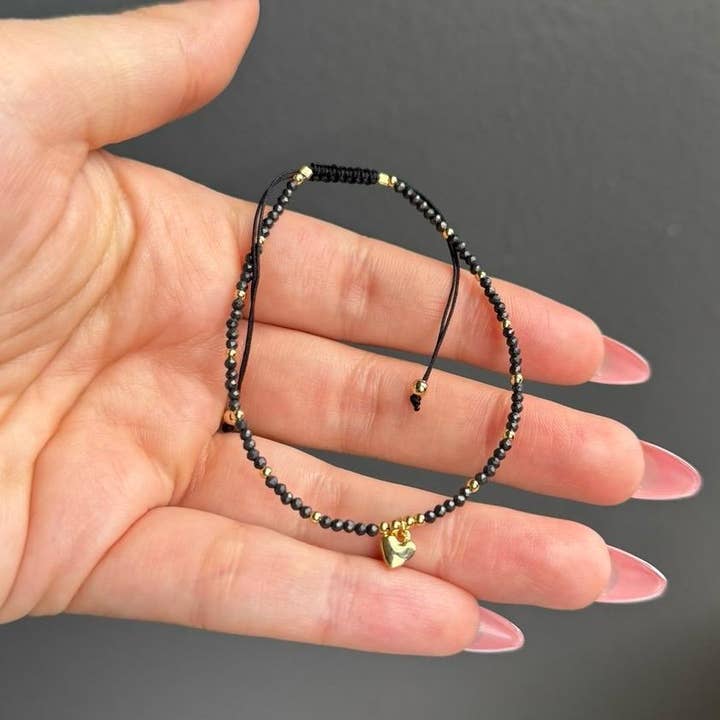 Sapphire & Sage - Wholesale Beaded Bracelet - Shungite Heart Charm Beaded Adjustable Bracelet