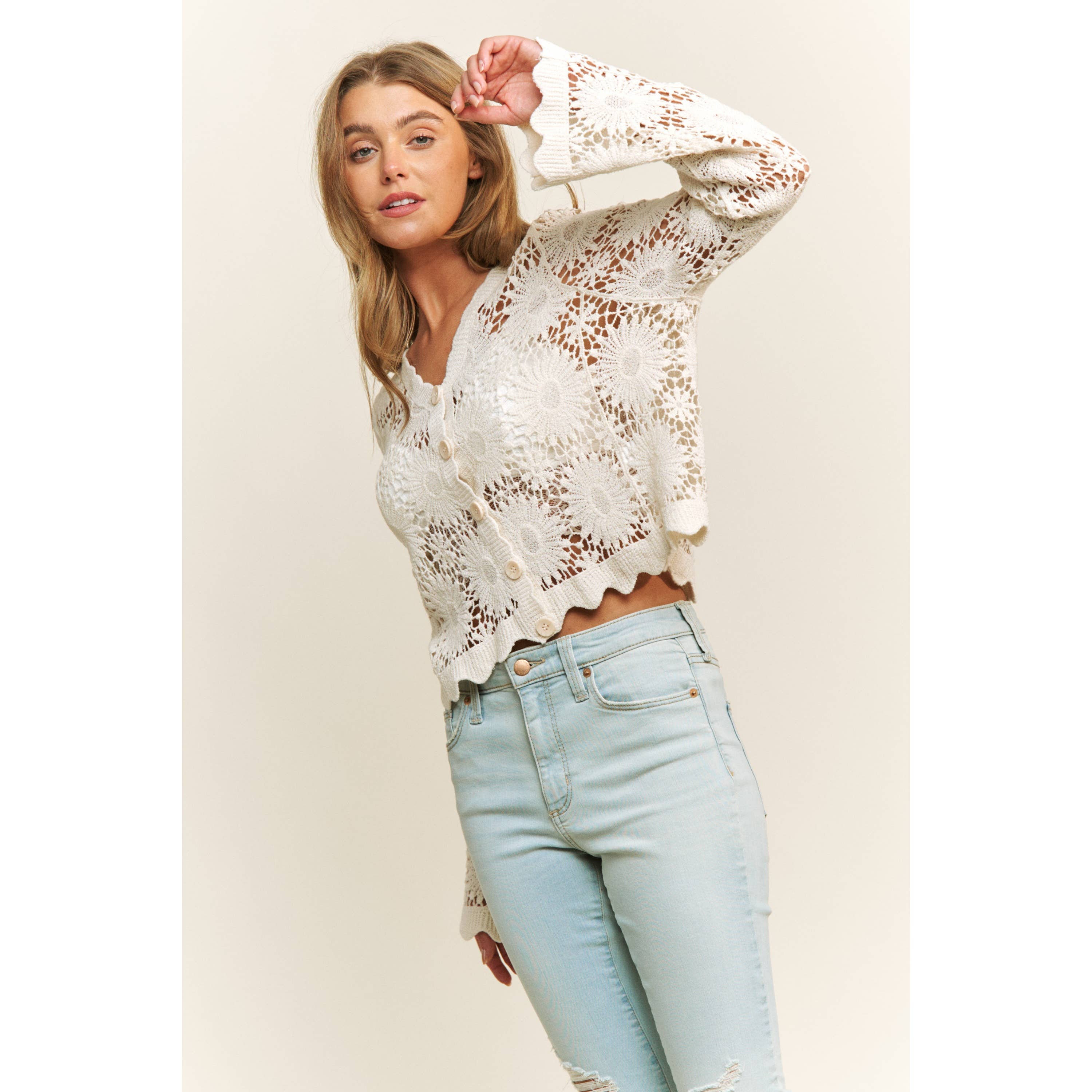 Sweet Generis - Wholesale Lounge Top - Women's - SCALLOP LACE FLORAL CROCHET BUTTON DOWN TOP7