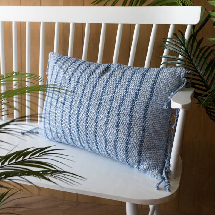 Foreside Home & Garden - Wholesale Lumbar Pillow - 14x22 Hand Woven Liberty Striped Pillow Blue
