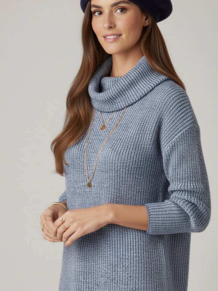 Navy blue ribbed knit sweater with a roll neck for wholesale on Faire2