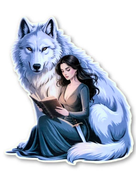 Fille avec autocollant de lecture de loup pour la vente par The sticker era