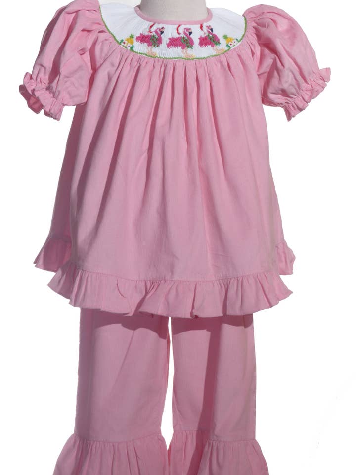 Hello Bebes! - Wholesale Top & Pant Set - Kids - Pink Corduroy Flamingo Smocked Pant Set1