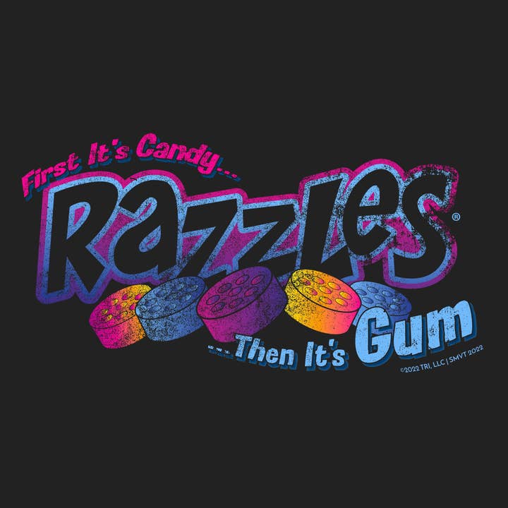 Black Razzles Retro Logo First, It's Candy...Then, It's Gum! Tee for wholesale on Faire1