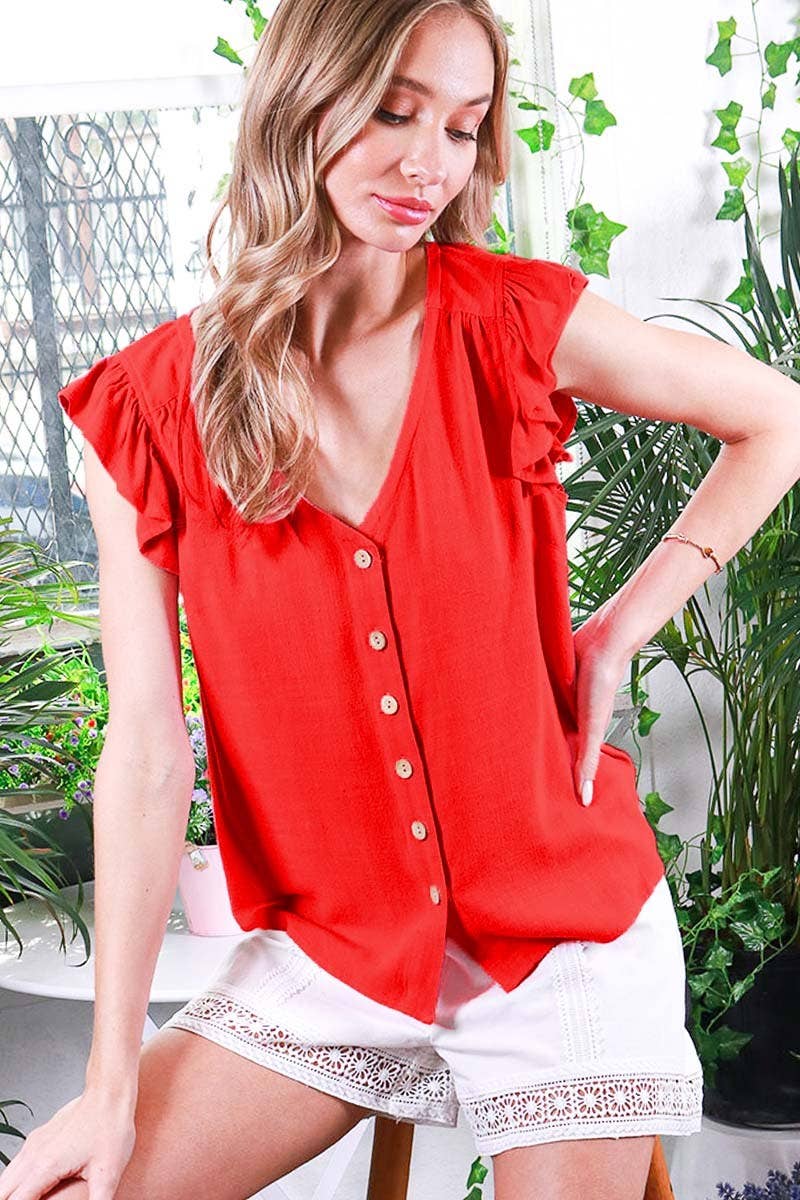 Vine & Love - Wholesale Blouse - Women's - V-Neck Sleeveless Ruffled Cotton Linen Top VT816887