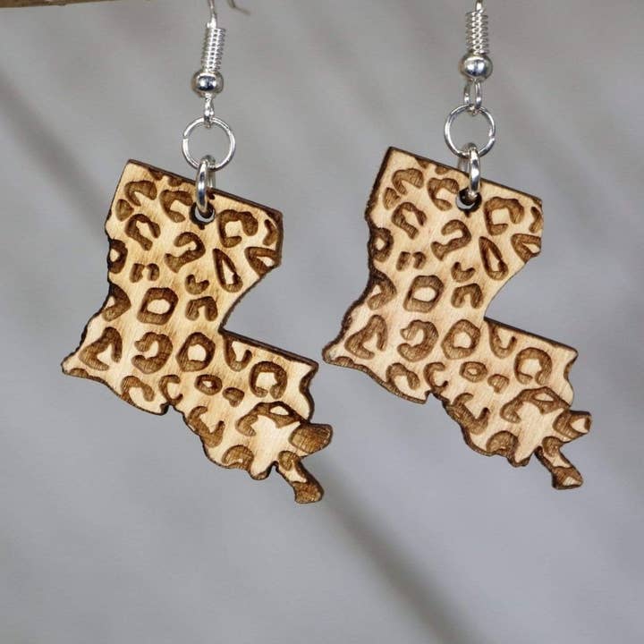 Louisiana State Cheetah Print Wooden Dangle Earrings for wholesale by Cates Concepts