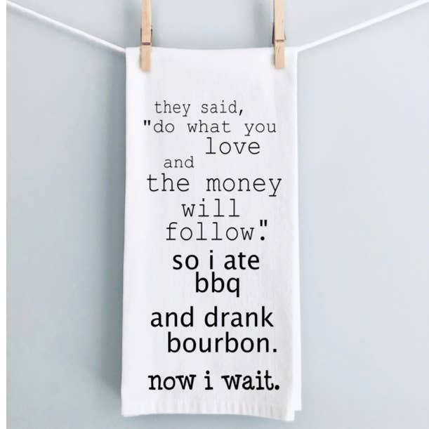 Jetzt warte ich auf mein Glück -humorvolles Barküchengeschirrtuch LG für den Großhandel von Pretty Clever Words