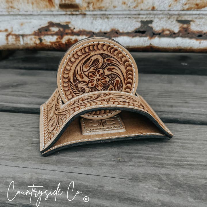 Texas Western Cowhide Bags and More - Wholesale Coasters - Handmade Tooled Leather Coaster Set, home decor, barware