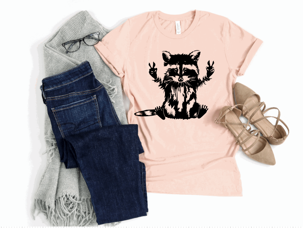 Tron Tron Graphic Wear – wholesale Screen printed t-shirt – Women′s – Peace Loving Raccoon Tee 6