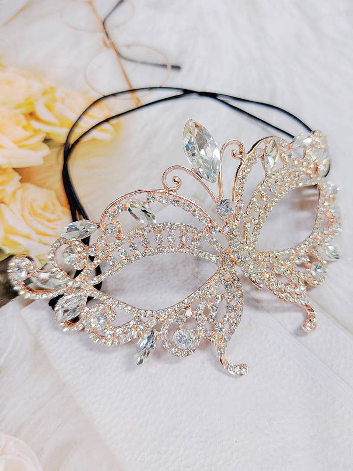 Happy Dream Gifts – Großhandel Kostüm – Damen – Roségoldene Maske, Klare Steinmaske, Schmetterlingsmaskenball-Maske3