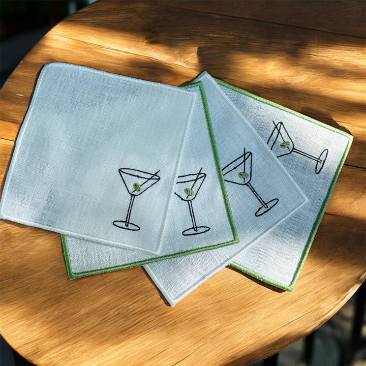 Martini Olive Embroidered Linen Cocktail Napkins - Set of 4 for wholesale by Belle Linen