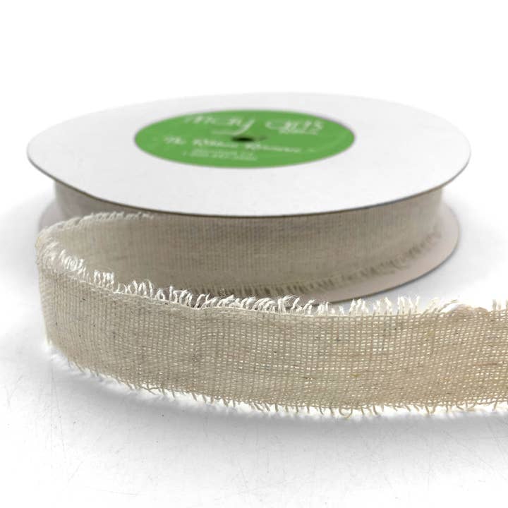 May Arts Ribbon - Wholesale Ribbon - Gift Wrapping - 1" Antique Ivory Frayed Cotton Linen Ribbon