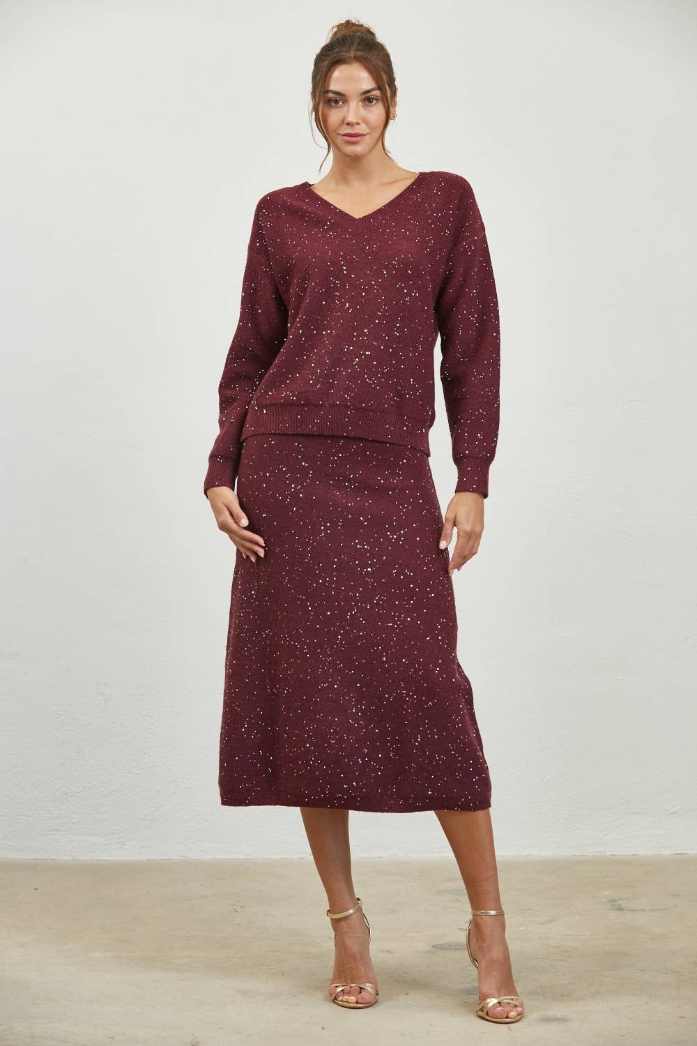 Edit by Nine - Vente Pull en maille – femme - Haut à col en V mélangé à sequins7