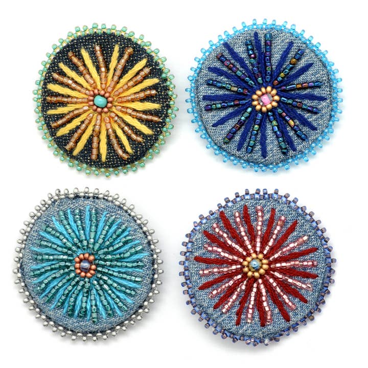 Embroidered & Beaded Denim Flower Pins for wholesale by Dunitz & Company