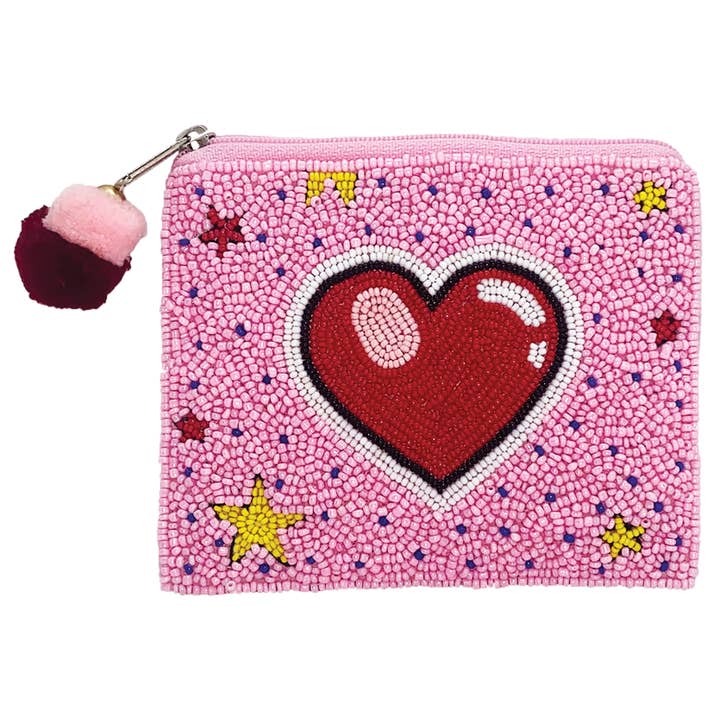 RED HEART PINK BEADED COIN POUCH for wholesale by Pizzazz, Inc.