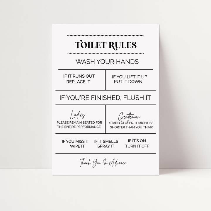 D'LUXE PRINTS - Wholesale Bathroom Sign - Toilet Rules Print2