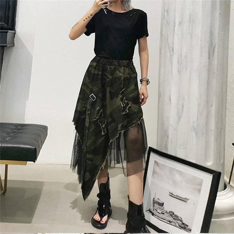 Camouflage Elastic Waist Mesh Patchwork A-Line Skirt for wholesale on Faire3
